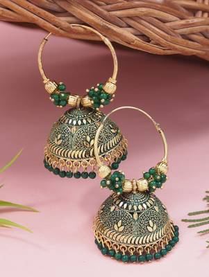 Gold plated handcrafted floral beaded jhumka hoop earrings for women  1