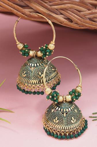 Gold plated handcrafted floral beaded jhumka hoop earrings for women 