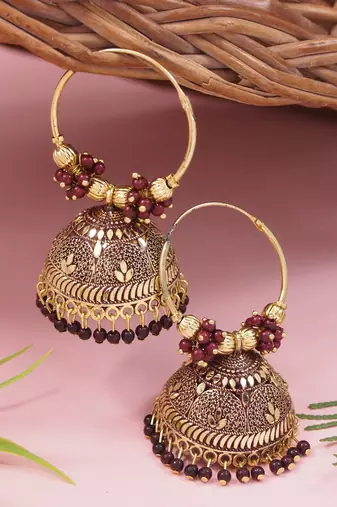 Gold plated handcrafted floral beaded jhumka hoop earrings for women 