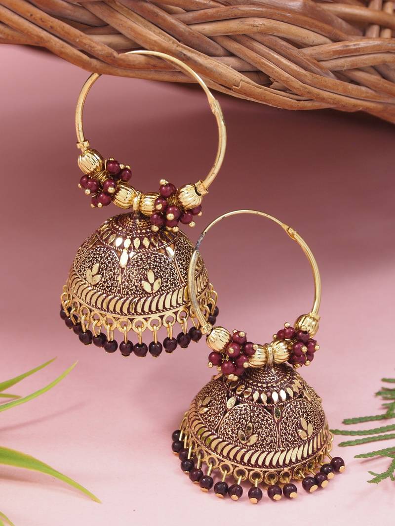 Gold plated handcrafted floral beaded jhumka hoop earrings for women 