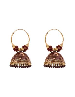 Gold plated handcrafted floral beaded jhumka hoop earrings for women  2