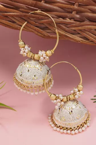 Gold plated handcrafted floral beaded jhumka hoop earrings for women 