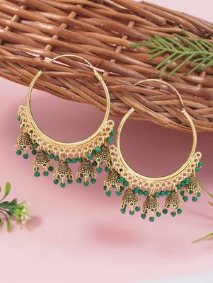 Gold plated hoop earrings with multi jhumka dangles for women (green) 1