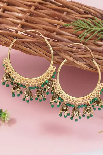 Gold plated hoop earrings with multi jhumka dangles for women (green)