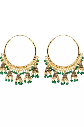 Gold plated hoop earrings with multi jhumka dangles for women (green)