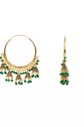 Gold plated hoop earrings with multi jhumka dangles for women (green)