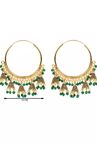 Gold plated hoop earrings with multi jhumka dangles for women (green)