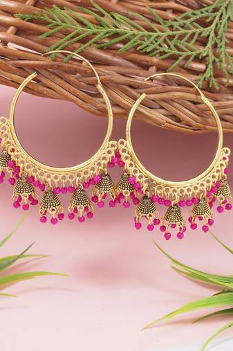 Gold plated hoop earrings with multi jhumka dangles for women 