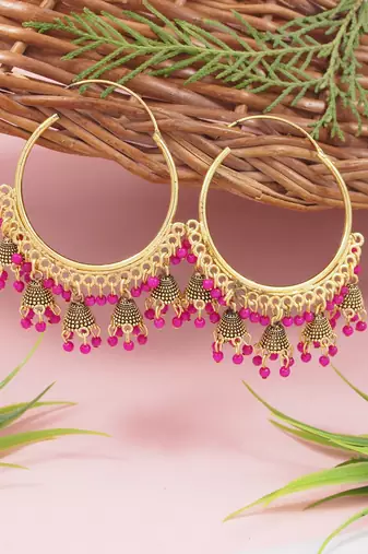 Gold plated hoop earrings with multi jhumka dangles for women 
