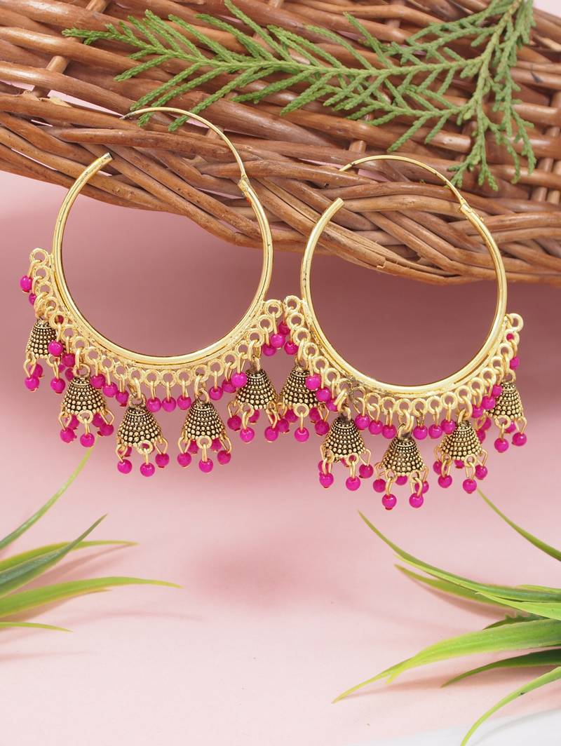 Gold plated hoop earrings with multi jhumka dangles for women 