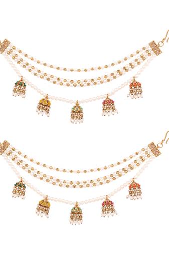 Gold plated traditional multi layered pearl ear chain with jhumka for women 