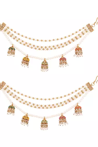 Gold plated traditional multi layered pearl ear chain with jhumka for women 