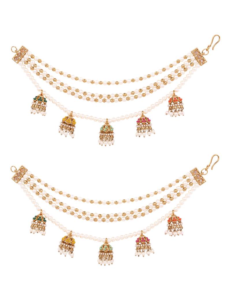 Gold plated traditional multi layered pearl ear chain with jhumka for women 