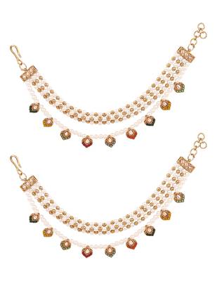 Gold plated traditional multi layered pearl ear chain with kundan danglers for women  1