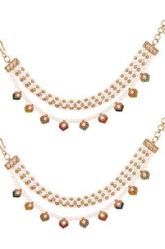 Gold plated traditional multi layered pearl ear chain with kundan danglers for women 