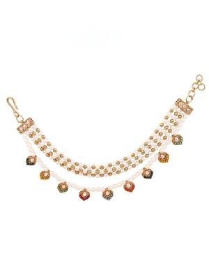 Gold plated traditional multi layered pearl ear chain with kundan danglers for women  2