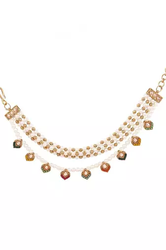 Gold plated traditional multi layered pearl ear chain with kundan danglers for women 