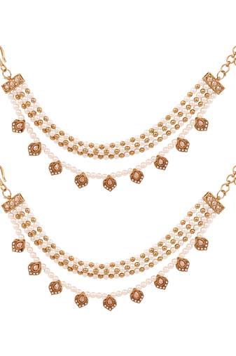 Gold plated traditional multi layered pearl ear chain with kundan danglers for women (e3409w)