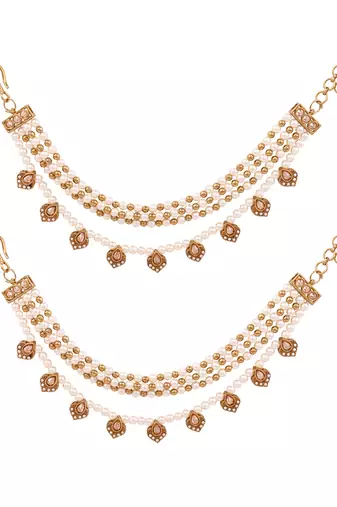 Gold plated traditional multi layered pearl ear chain with kundan danglers for women (e3409w)