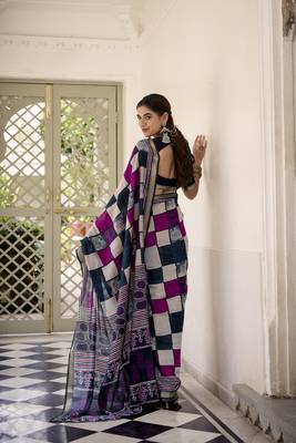 Lightweight Luxury Printed Polyester Viscose Chanderi Saree 3