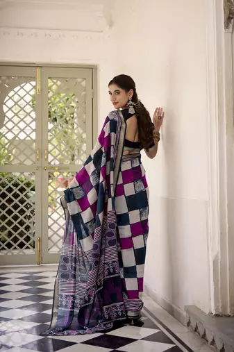 Lightweight Luxury Printed Polyester Viscose Chanderi Saree