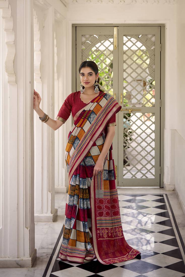 Lightweight Luxury Printed Polyester Viscose Chanderi Saree