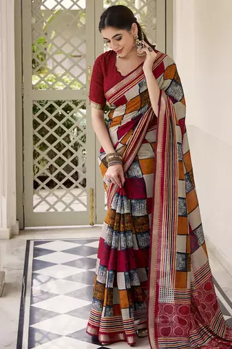 Lightweight Luxury Printed Polyester Viscose Chanderi Saree