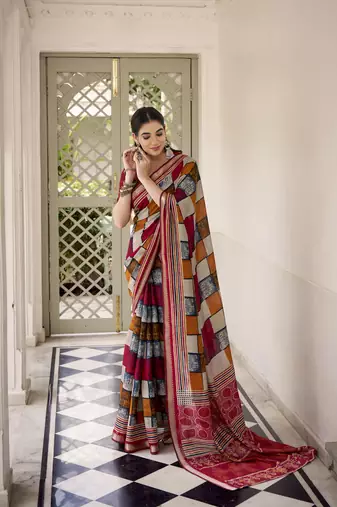 Lightweight Luxury Printed Polyester Viscose Chanderi Saree
