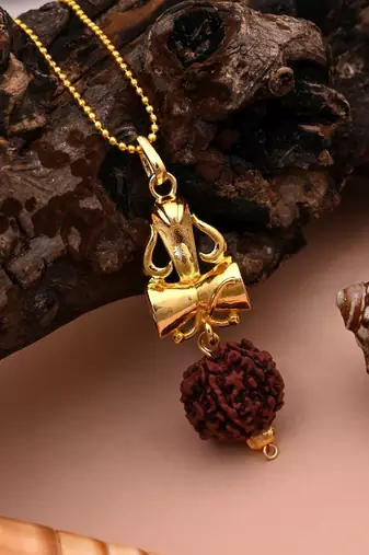 Gold color lord shiva damru rudraksha mala chain necklace