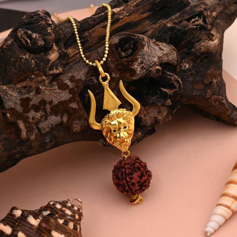 Gold color lord shiva trishul rudraksha mala chain necklace