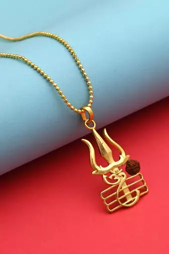 Gold color lord shiva trishul rudraksha mala chain necklace