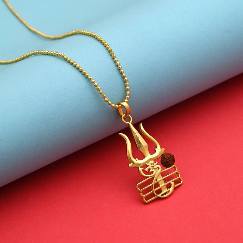 Gold color lord shiva trishul rudraksha mala chain necklace
