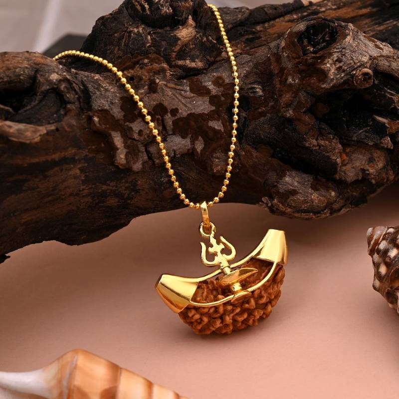 Gold color lord shiva trishul rudraksha mala chain necklace