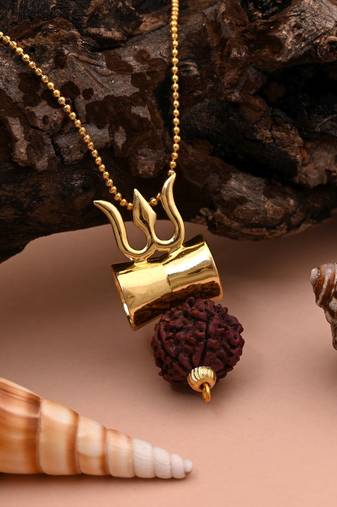 Gold color lord shiva trishul rudraksha mala chain necklace