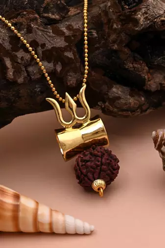 Gold color lord shiva trishul rudraksha mala chain necklace