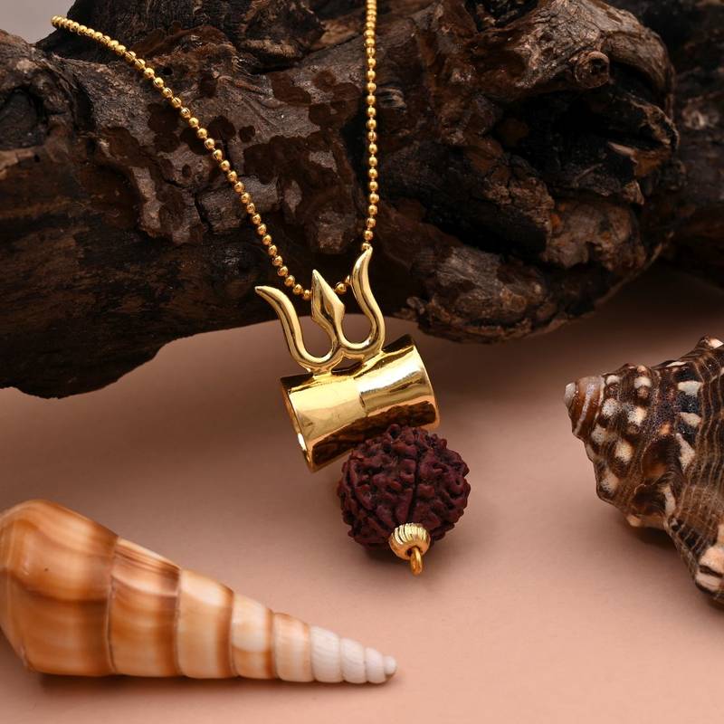 Gold color lord shiva trishul rudraksha mala chain necklace