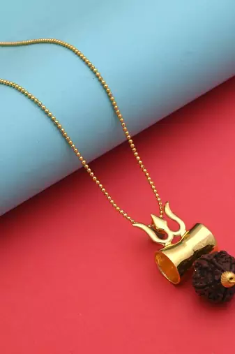 Gold color lord shiva trishul rudraksha mala chain necklace