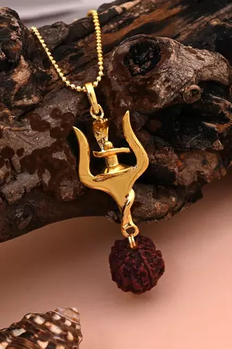 Gold color lord shiva trishul rudraksha mala chain necklace