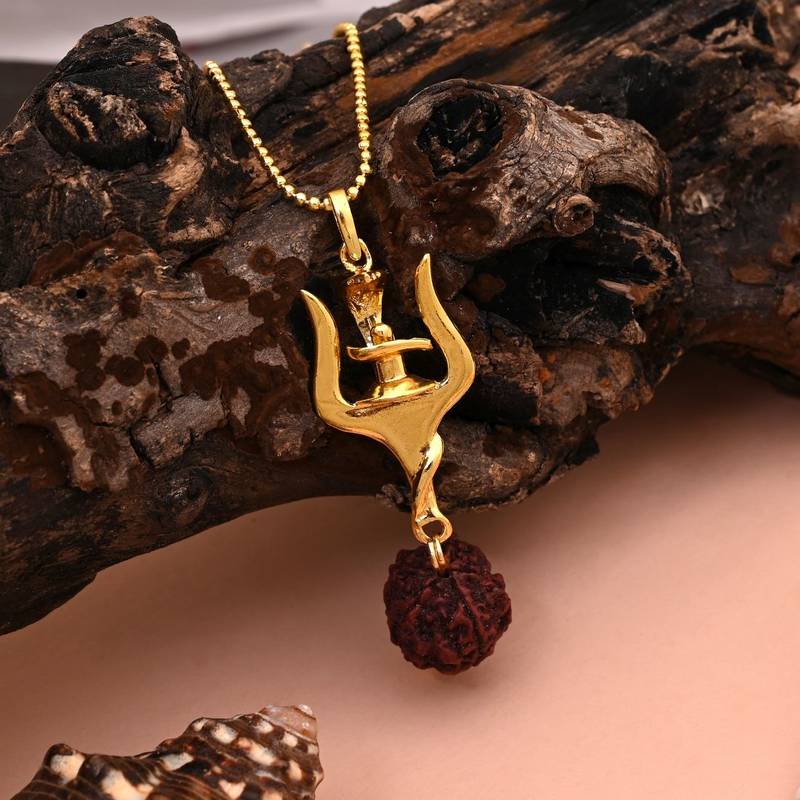 Gold color lord shiva trishul rudraksha mala chain necklace