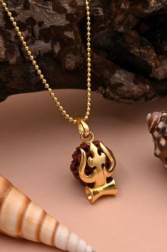 Gold color lord shiva trishul rudraksha mala chain necklace