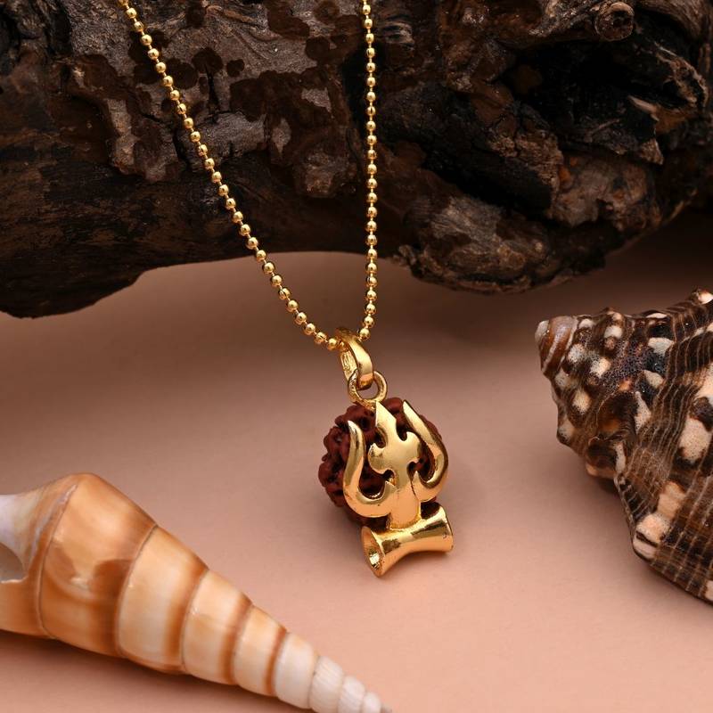 Gold color lord shiva trishul rudraksha mala chain necklace