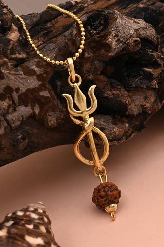 Gold color lord shiva trishul rudraksha mala chain necklace