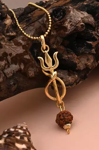 Gold color lord shiva trishul rudraksha mala chain necklace