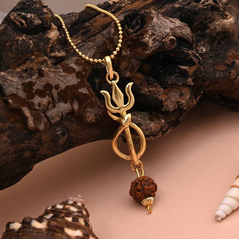 Gold color lord shiva trishul rudraksha mala chain necklace