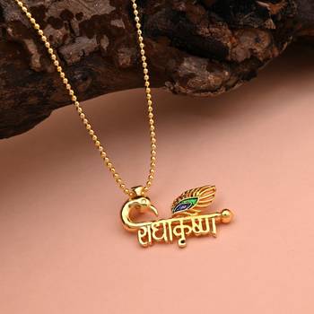 Gold color peacock inspired radha krishna name mala chain necklace 1