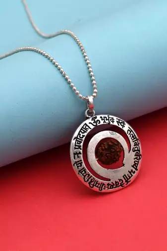 Silver color gayatri mantra rudraksha mala chain necklace