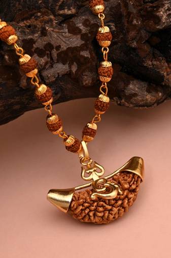 Gold color lord shiva trishul rudraksha mala chain necklace