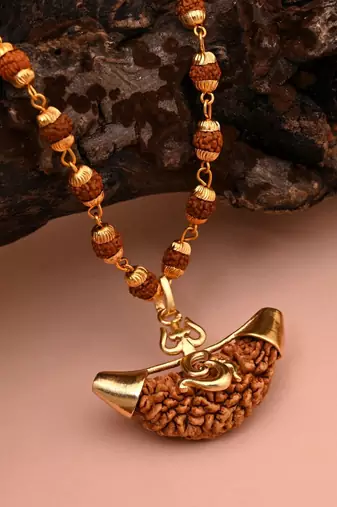 Gold color lord shiva trishul rudraksha mala chain necklace