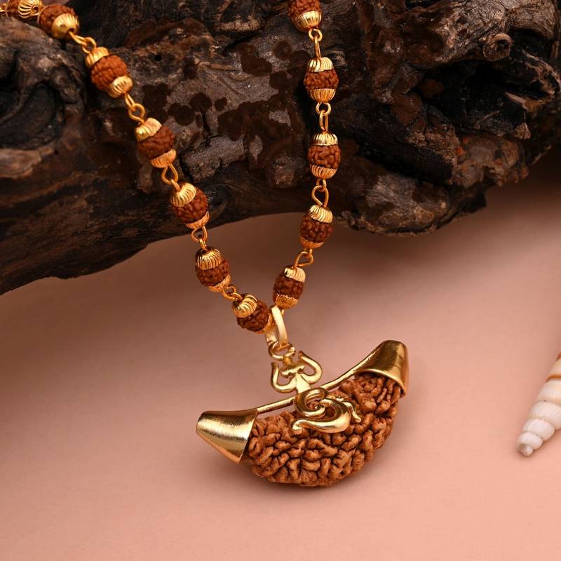 Gold color lord shiva trishul rudraksha mala chain necklace