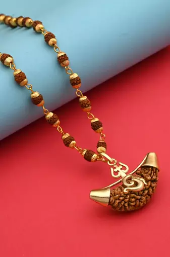 Gold color lord shiva trishul rudraksha mala chain necklace
